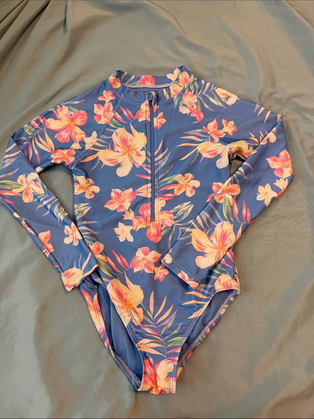 Kids Floral Long-Sleeve One-Piece Rash Guard Swimsuit - Blue/Pink